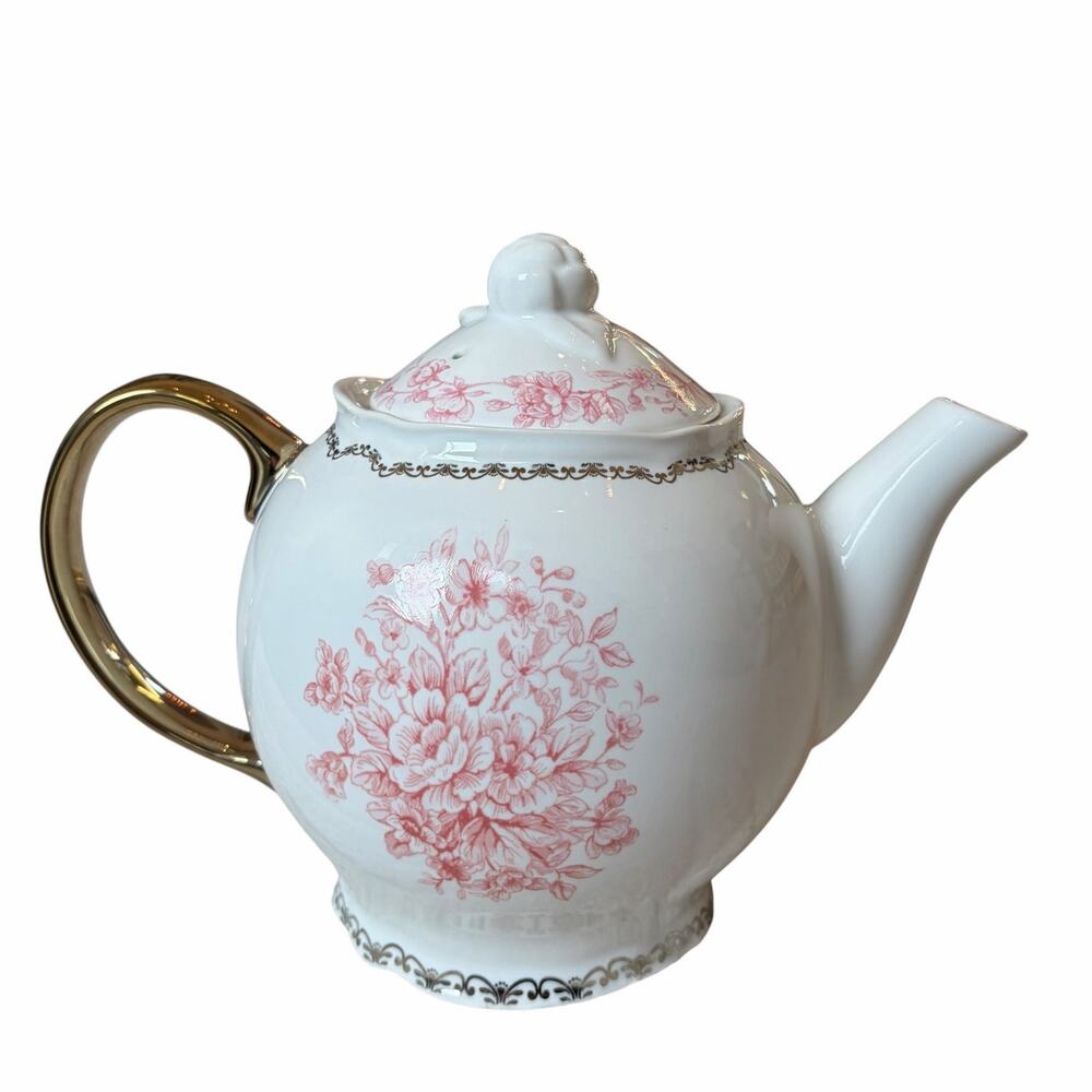 222 Fifth Porcelain Teapot Pink & White Floral Gold Accents 4 Cup New